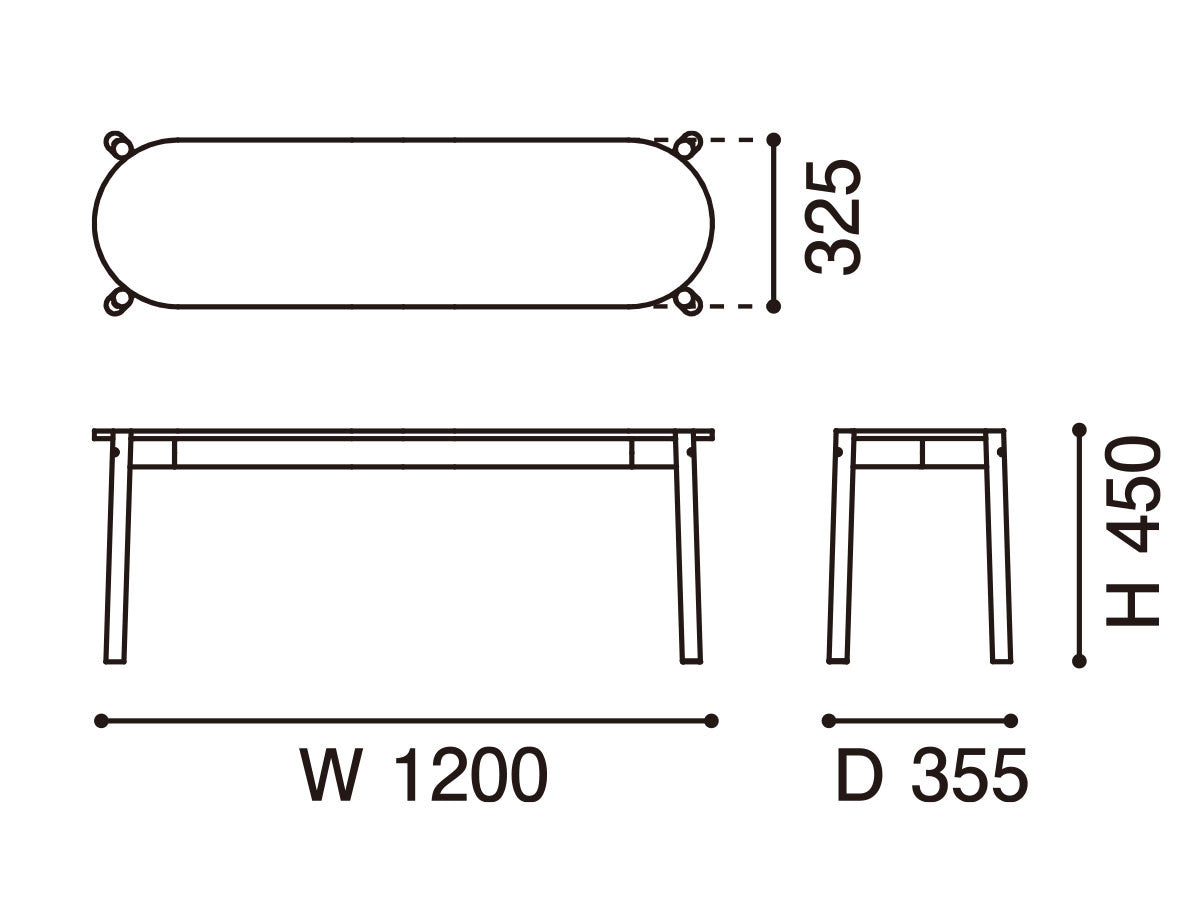 Esstischbank Castor — Maßzeichnung: 1200 mm breit, 355 tief, 450 hoch | Antifer