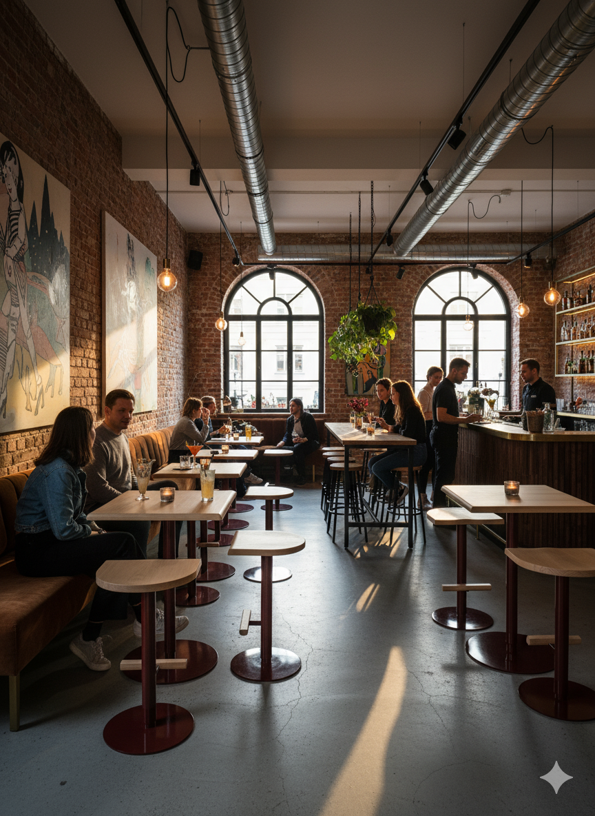 Tabouret ajustable Camarade en hêtre et acier dans un bar. multiples tables