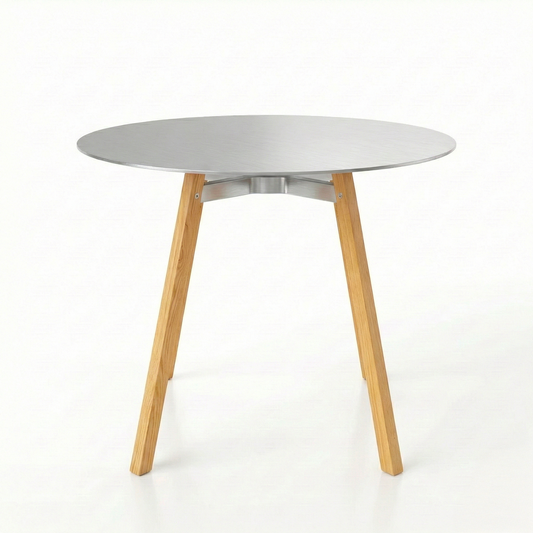 Table de café Su Emeco design Nendo. Plateau aluminium brossé & pieds en chêne