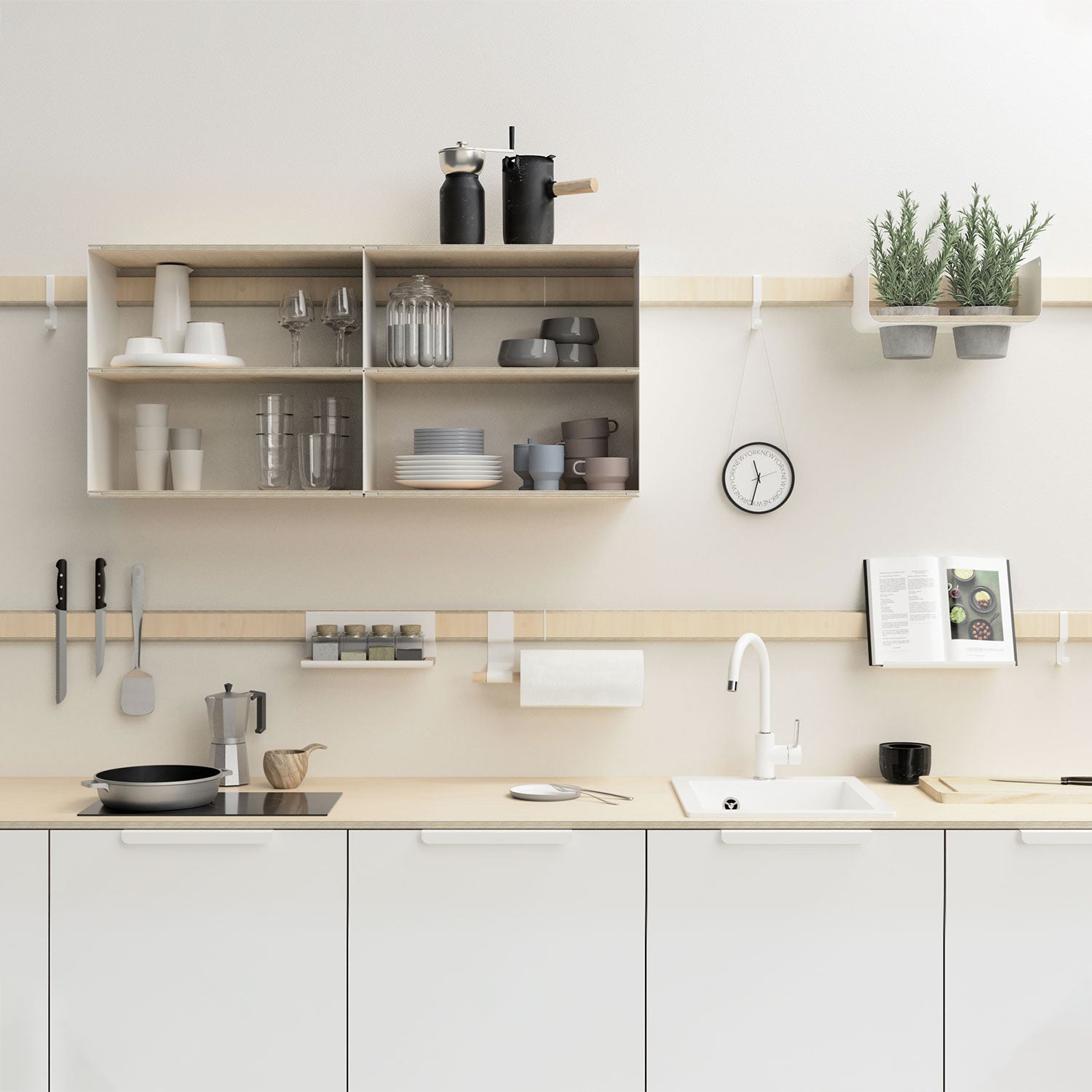 Rail mural Variand LED en bouleau dans une cuisine