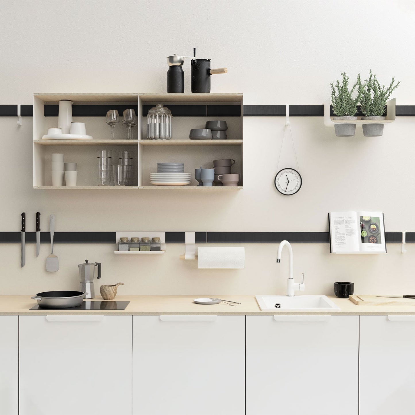 Rail mural Variand LED en finition noire dans une cuisine