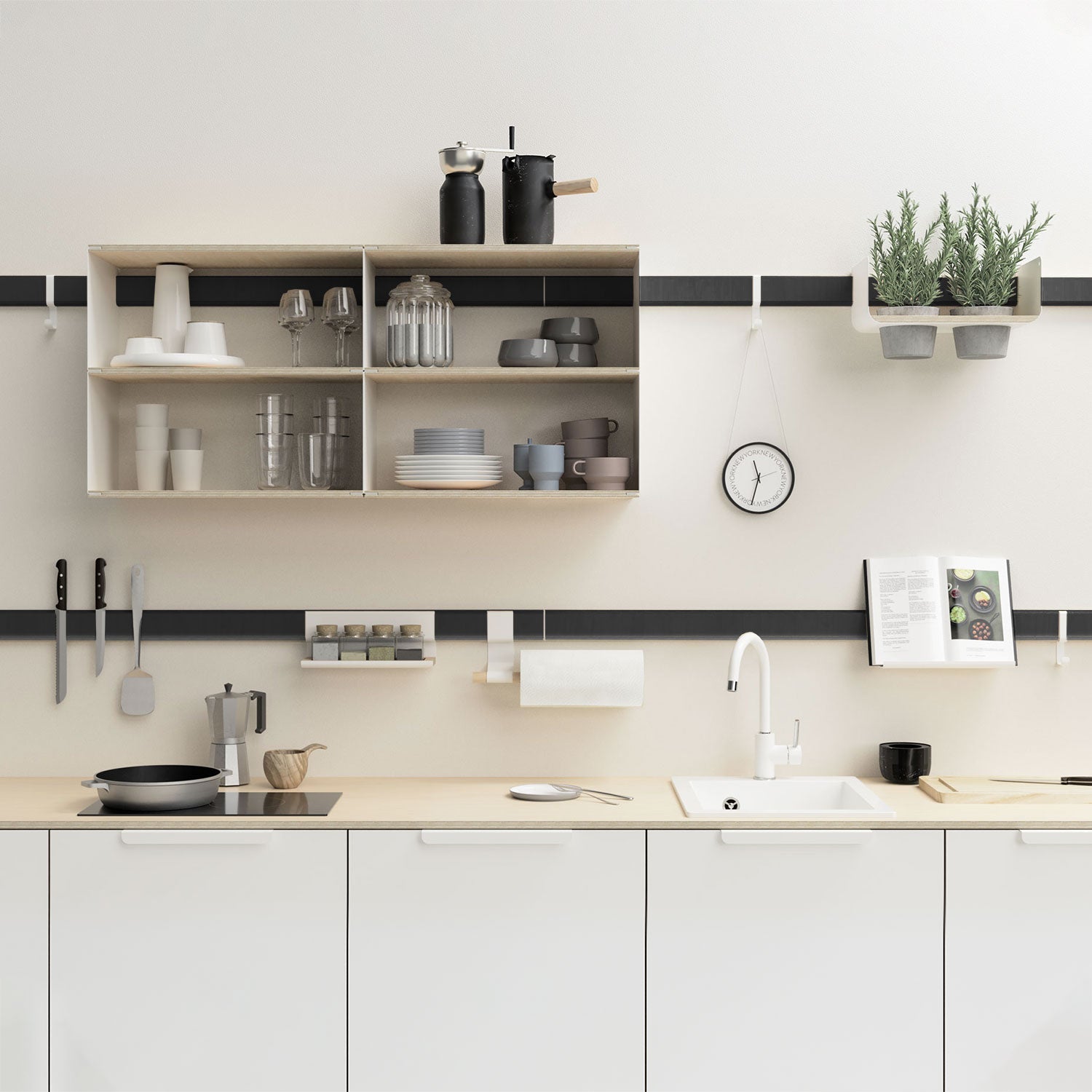 Rail mural Variand LED en finition noire dans une cuisine