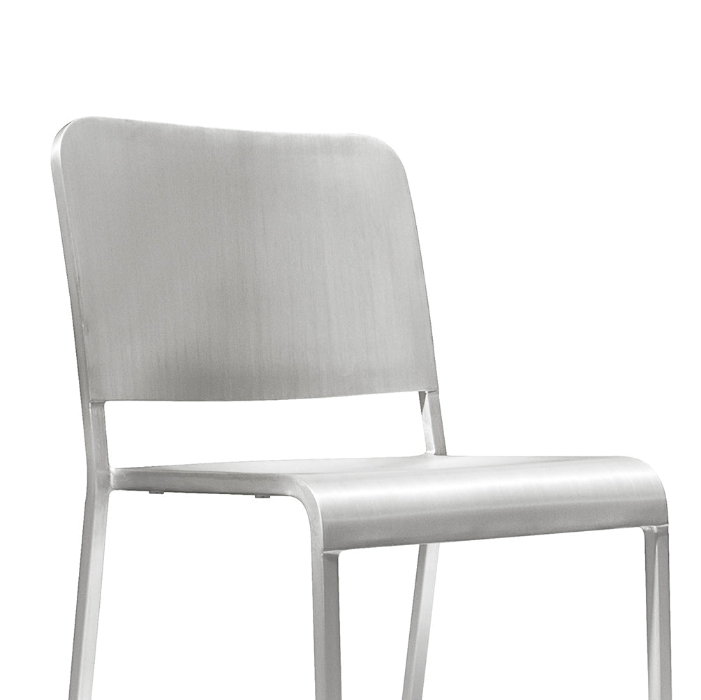 Emeco 20-06 chair, detail of the brushed aluminium back and seat
