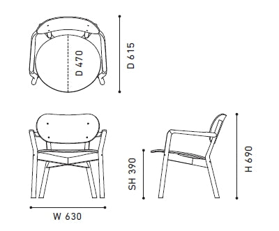 Sillón bajo Castor — plano acotado: 630 mm de ancho, 615 de fondo, 690 de alto, asiento a 390 | Antifer