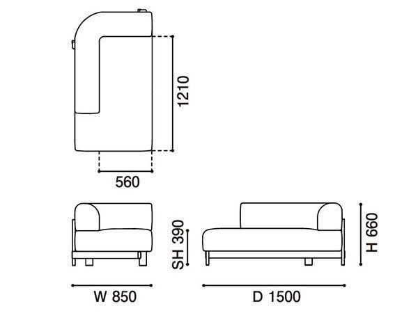 Chaise longue Elephant izquierda — plano acotado: 850 mm de ancho, 1500 de fondo, 660 de alto | Antifer