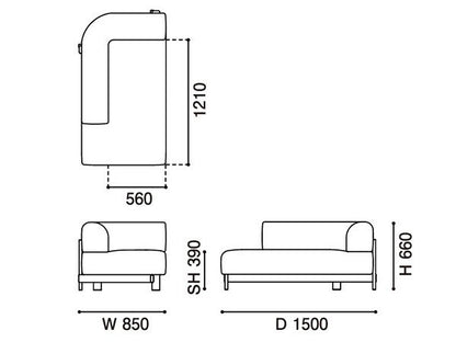 Chaise longue Elephant izquierda — plano acotado: 850 mm de ancho, 1500 de fondo, 660 de alto | Antifer