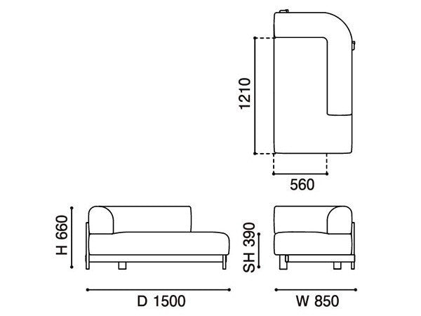 Chaise longue Elephant derecha — plano acotado: 850 mm de ancho, 1500 de fondo, 660 de alto | Antifer