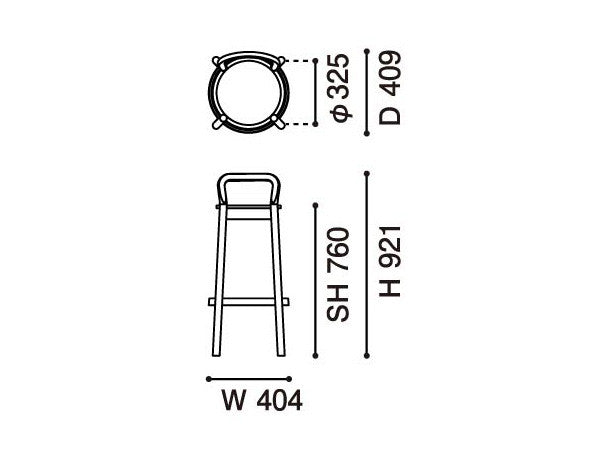 Tabouret de bar Castor — plan coté : assise à 760 mm, hauteur totale 921 mm, empattement 404 mm | Antifer