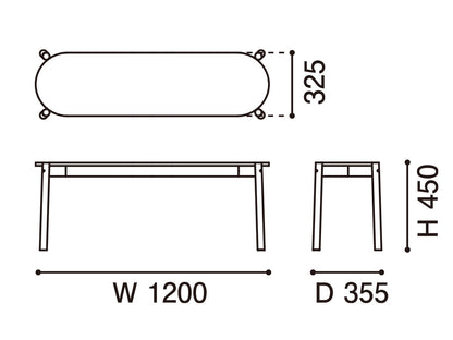 Banco de comedor Castor — plano acotado: 1200 mm de ancho, 355 de fondo, 450 de alto | Antifer
