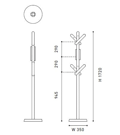 Perchero Signs — plano acotado: 1720 mm de alto, 350 de ancho, brazos escalonados cada 290 mm | Antifer