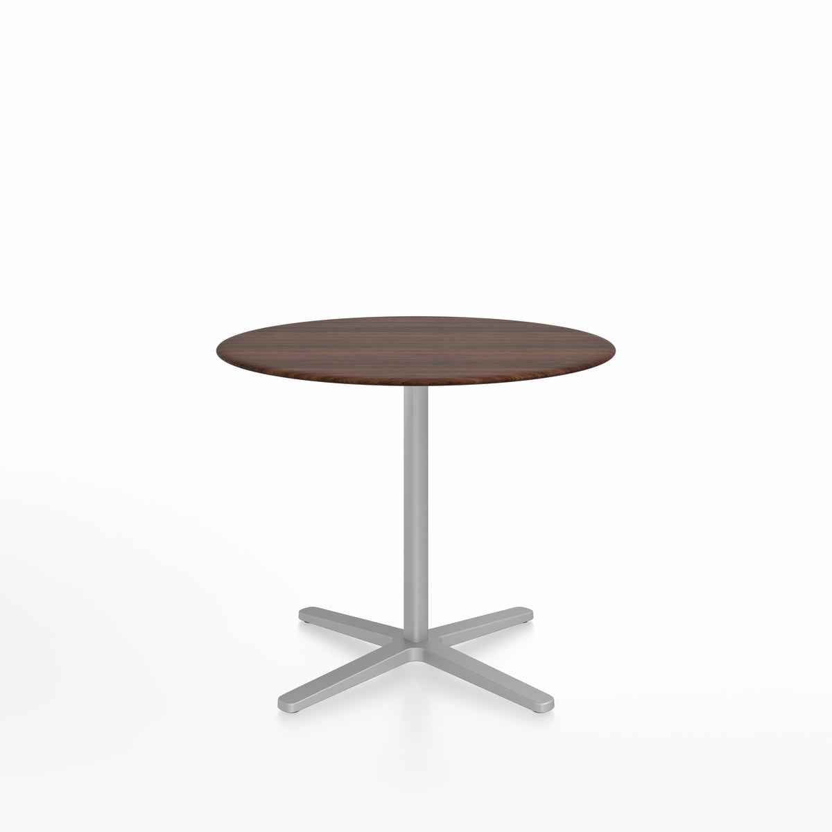 Table café Emeco 2 Inch base étoile ronde Ø 91 cm, plateau noyer, base argent