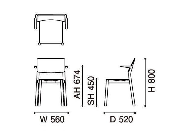 Panorama Sessel — Maßzeichnung: 560 mm breit, 520 tief, 800 hoch, Sitzhöhe 450 | Antifer