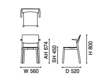 Panorama Sessel — Maßzeichnung: 560 mm breit, 520 tief, 800 hoch, Sitzhöhe 450 | Antifer