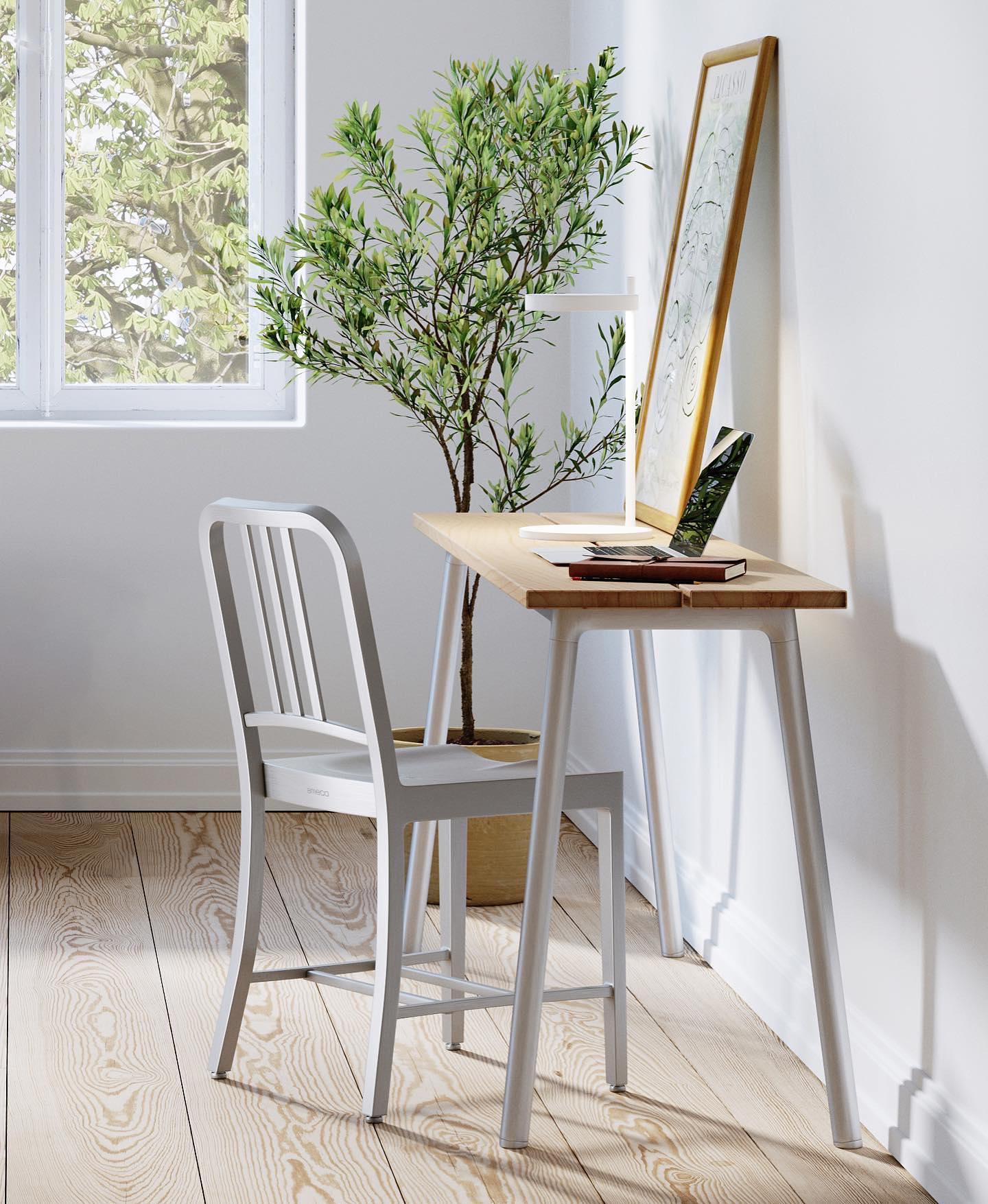 Gros plan sur bureau étroit design Run Emeco 