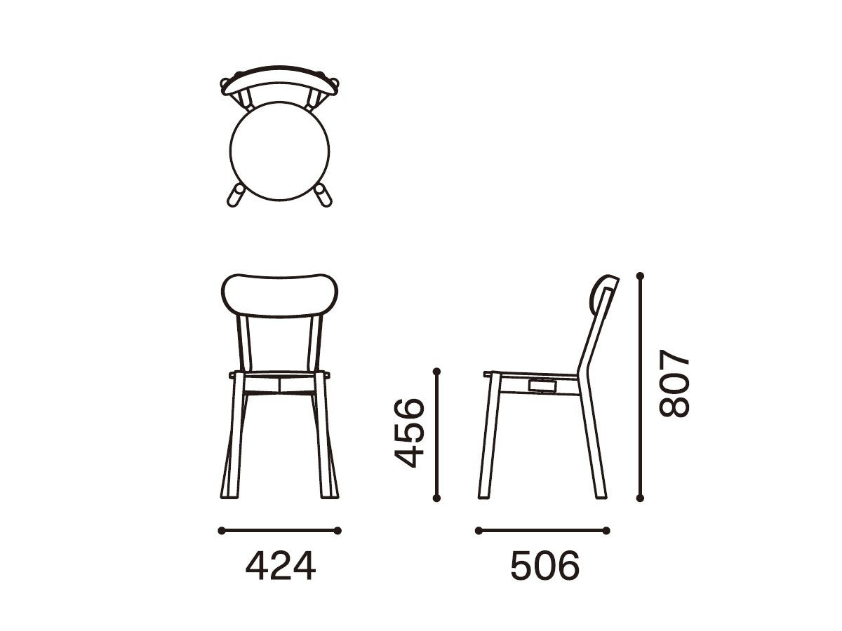 Stuhl Castor — Maßzeichnung: 424 mm breit, 506 tief, 807 hoch, Sitzhöhe 456 | Antifer