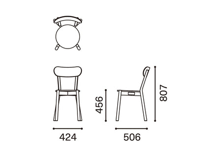 Stuhl Castor — Maßzeichnung: 424 mm breit, 506 tief, 807 hoch, Sitzhöhe 456 | Antifer