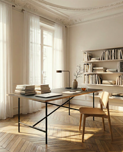 Bureau parisien. Piétement de table E2 classique type architecte en acier avec plateau linoleum . 