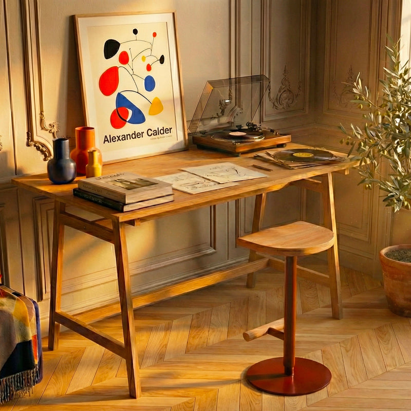 Bureau haut. Jolie lumière d'été avec camarade tabouret ajustable 58 79 cm assise hêtre massif et pieds en acier couleur terre de sienne brulée vue de 3 4 droite. Design Big Game