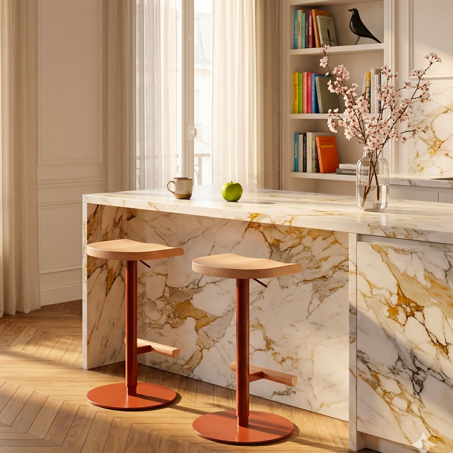 Adjustable Camarade bar stool with cherry blossom — solid beech, Big-Game design | Antifer