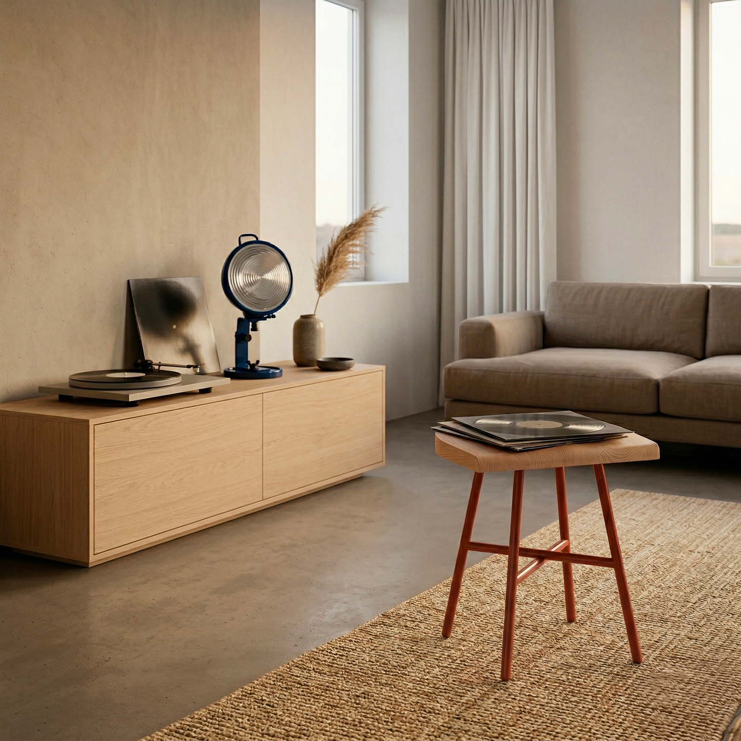 Tabouret bas Camarade hêtre massif & acier avec lampe Jeep en ambiance lifestyle — design Big-Game | Antifer