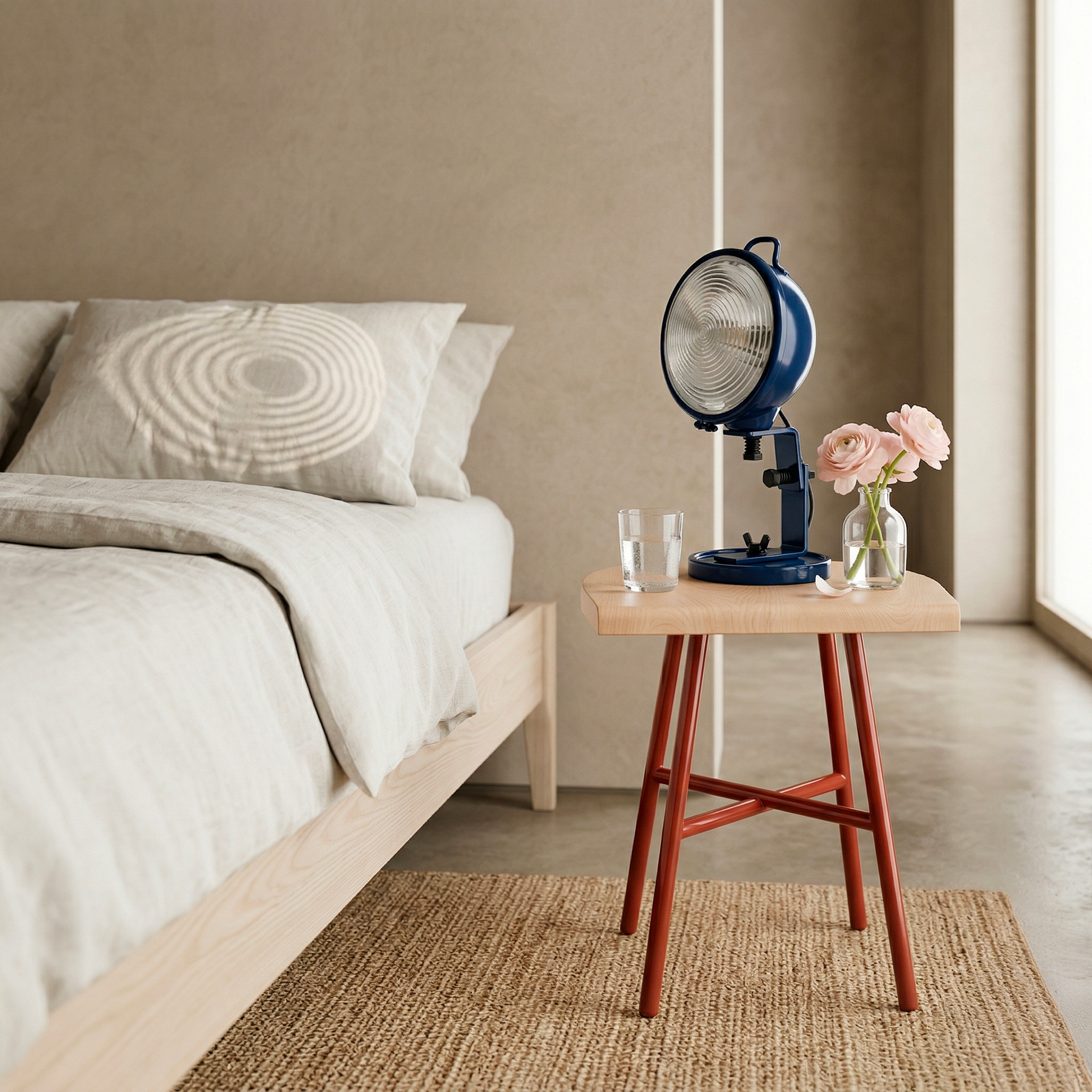 Lampe Jeep bleu aluminium en chambre, vue oreiller — design Cesare Leonardi & Franca Stagi | Antifer
