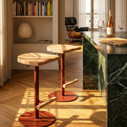 Adjustable Camarade stool close-up on green marble island — solid beech and steel, Big-Game | Antifer