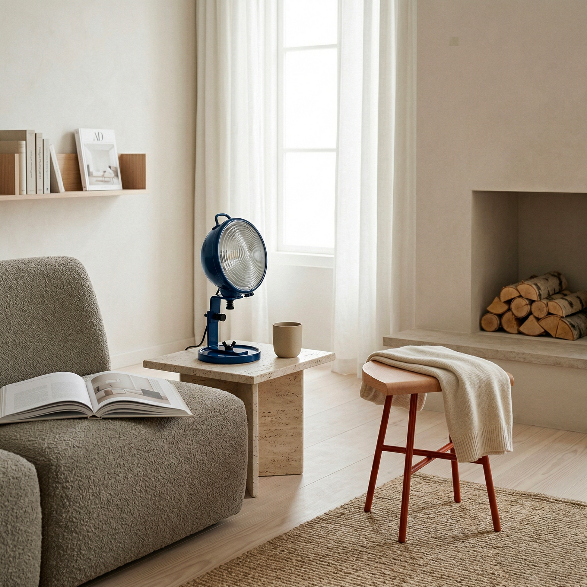 Tabouret bas Camarade hêtre massif & acier avec lampe Jeep sur table travertin — design Big-Game | Antifer