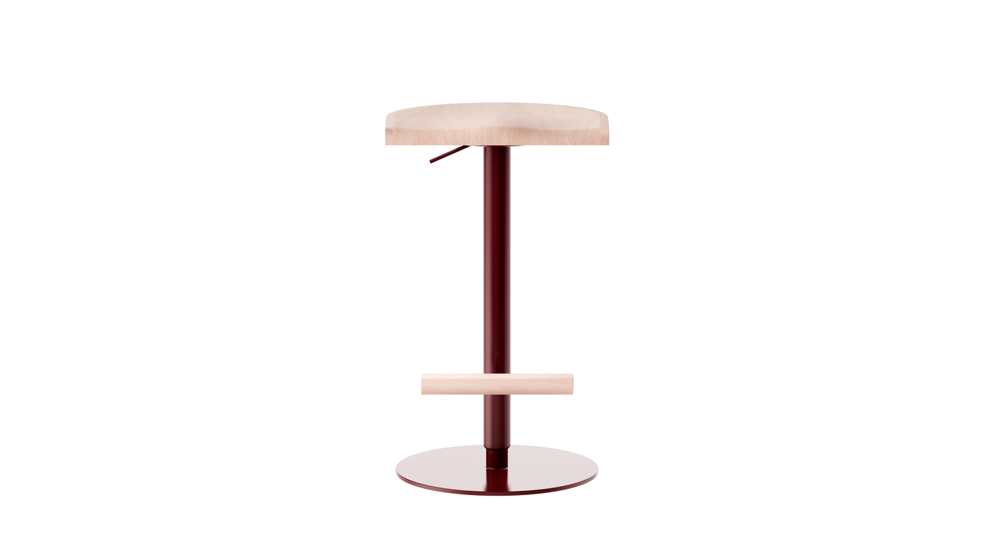 Camarade tabouret ajustable 58 79 cm assise hêtre massif et pieds en acier couleur terre de sienne brulée vue de face. Design Big Game