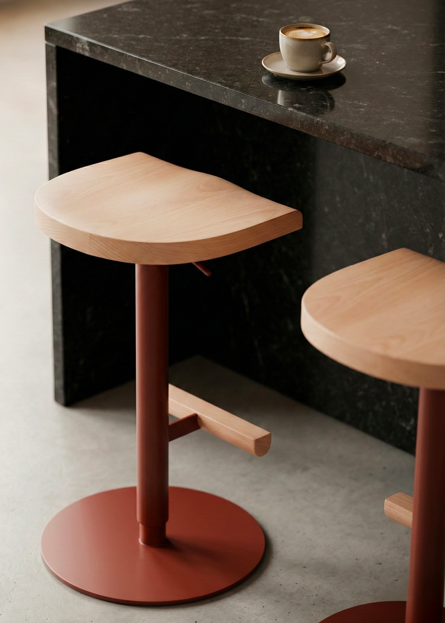 Adjustable Camarade bar stool in black marble kitchen — solid beech and steel, Big-Game design | Antifer