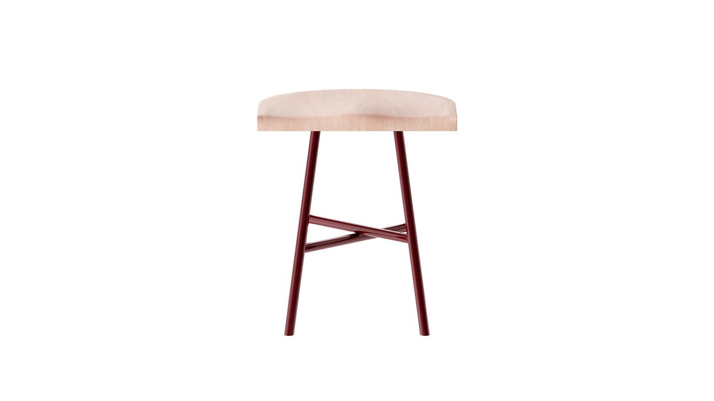 Camarade tabouret bas 45 cm assise hêtre massif pieds acier couleur terre de sienne brulée vue de face. Design Big Game