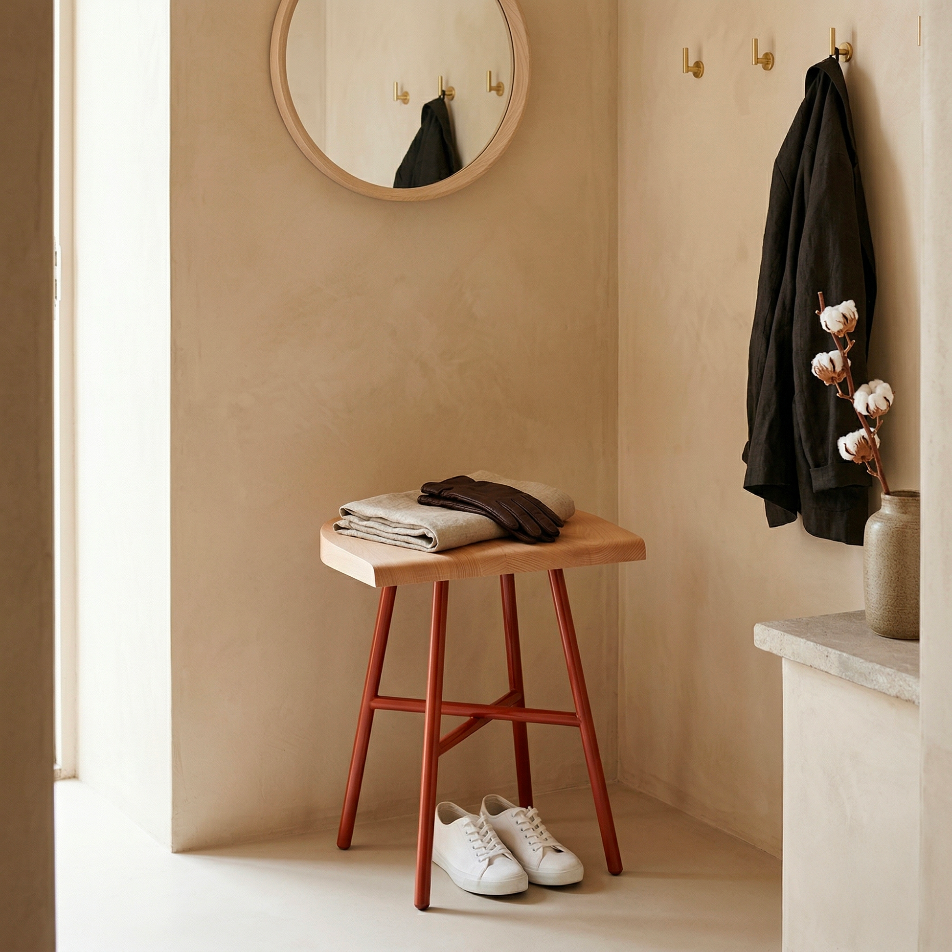 Tabouret bas Camarade hêtre massif & acier en ambiance lifestyle — design Big-Game | Antifer