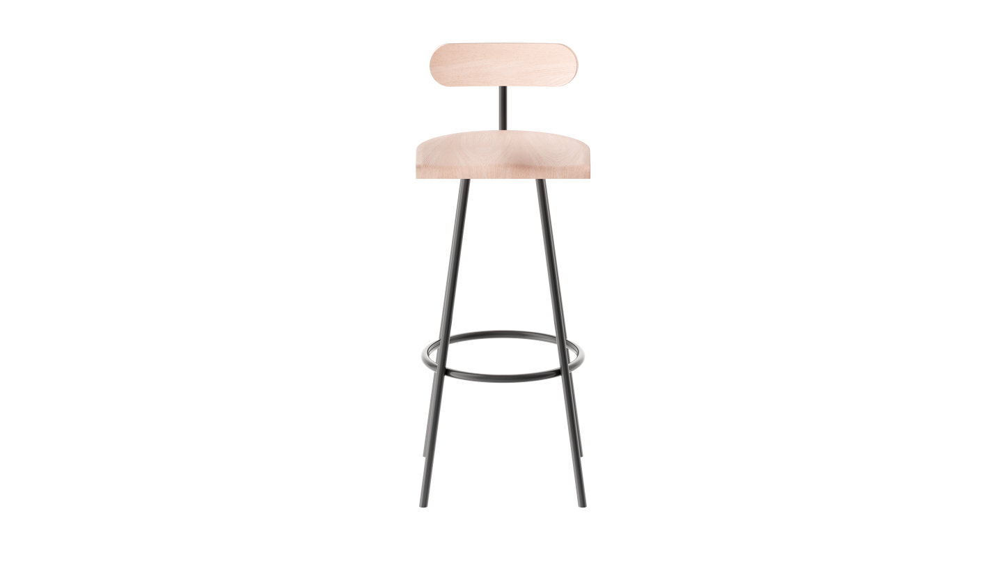 Tabouret haut camarade 65 cm hêtre massif et acier de face couleur ardoise. Design Big Game