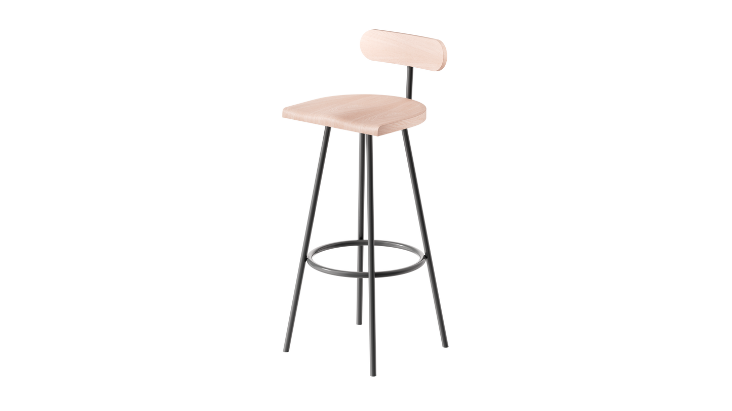 Tabouret haut camarade 65 cm hêtre massif et acier 3 4 droit couleur ardoise. Design Big Game 
