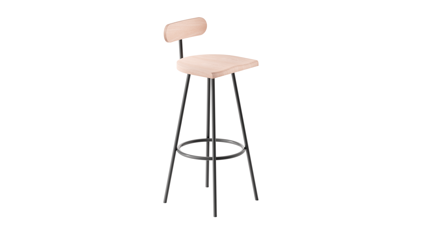 Tabouret haut camarade 65 cm hêtre massif et acier 3 4 gauche couleur ardoise. Design Big Game