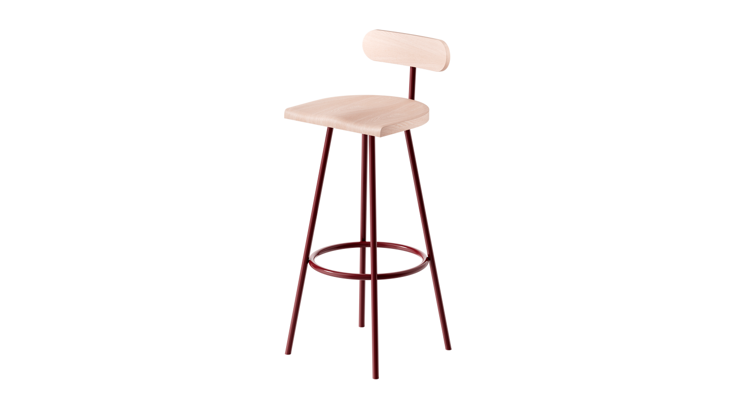 Tabouret haut camarade 65 cm hêtre massif et acier 3 4 gauche couleur terre de sienne brulée. Design Big Game
