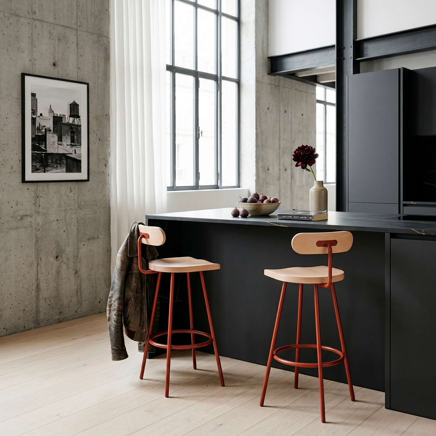 High stool Camarade in kitchen all black with leather coat — solid beech, Big Game design | Antifer