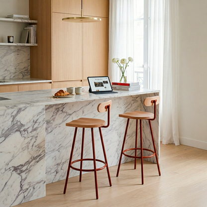 High stool Camarade in kitchen marble island — solid beech and steel, Big Game design | Antifer