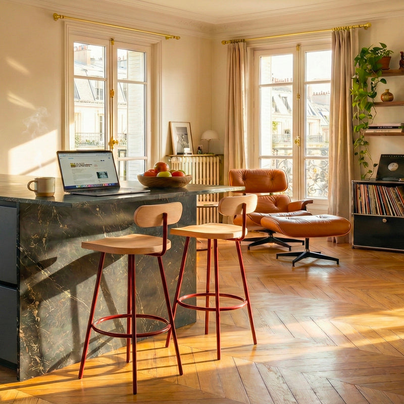 Cuisine ouverte avec îlot en marbre dans salon parisien. 2 tabourets haut camarade 65 cm hêtre massif et acier 3 4 droit couleur terre de sienne brulée. Design Big Game