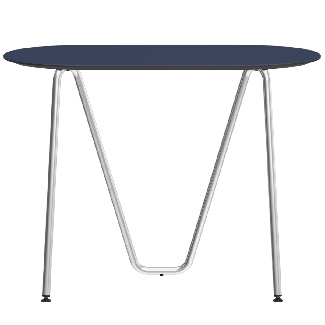 Console bureau d'appoint sur tréteaux Sinus design Daniel Lorch. Pied chrome, plateau couleur bleu fumé