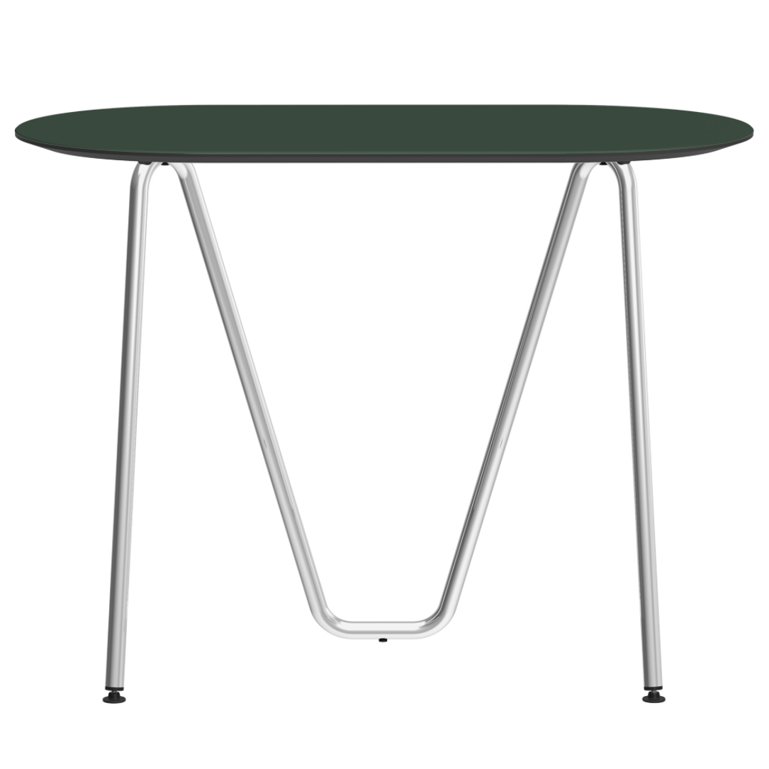 Console bureau d'appoint sur tréteaux Sinus design Daniel Lorch. Pied chrome, plateau couleur conifère