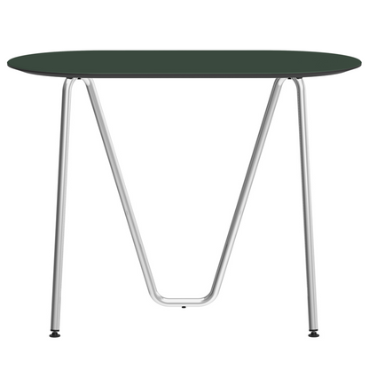 Console bureau d'appoint sur tréteaux Sinus design Daniel Lorch. Pied chrome, plateau couleur conifère