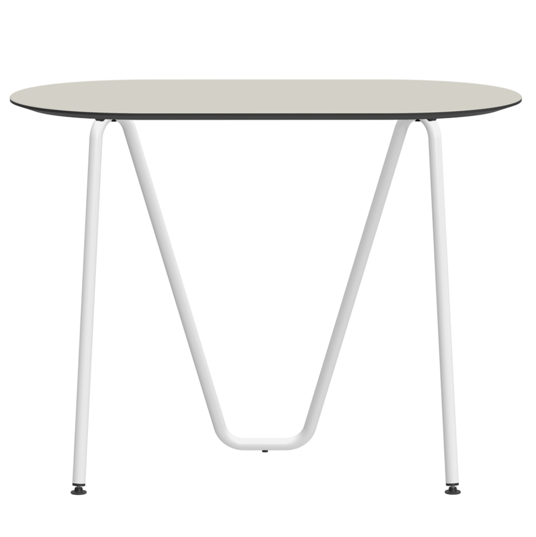 Console bureau d'appoint sur tréteaux Sinus design Daniel Lorch. Pied blanc, plateau couleur champignon