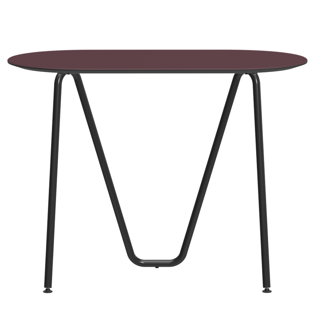 Console bureau d'appoint sur tréteaux Sinus design Daniel Lorch. Pied noir, plateau couleur bordeaux