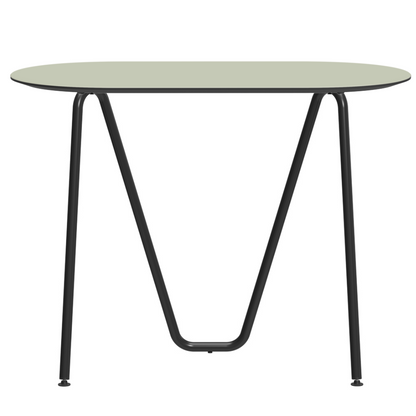 Console bureau d'appoint sur tréteaux Sinus design Daniel Lorch. Pied noir, plateau couleur pistache