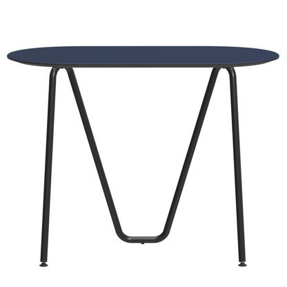 Console bureau d'appoint sur tréteaux Sinus design Daniel Lorch. Pied noir, plateau couleur bleu fumé