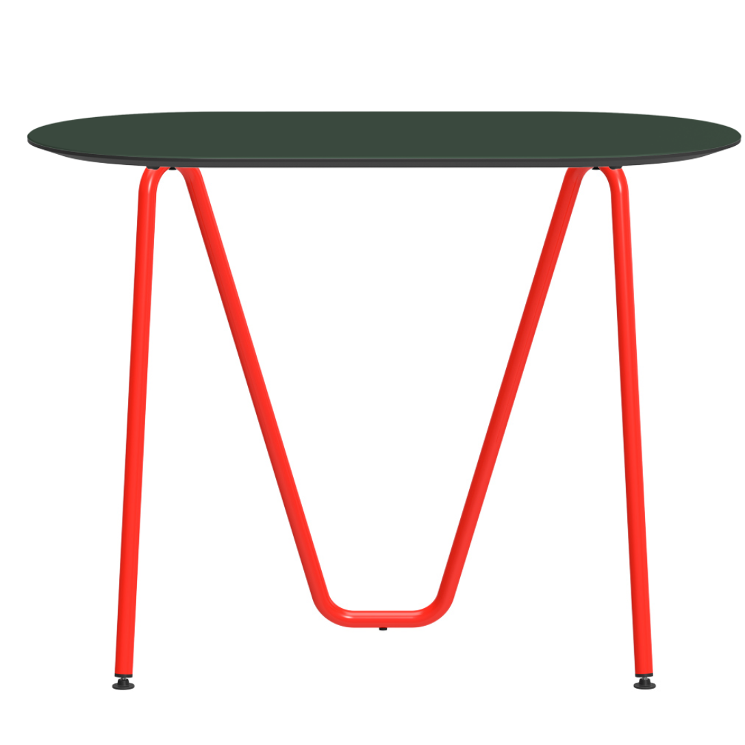 Console bureau d'appoint sur tréteaux Sinus design Daniel Lorch. Pied rouge, plateau couleur conifère