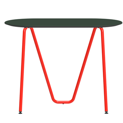 Console bureau d'appoint sur tréteaux Sinus design Daniel Lorch. Pied rouge, plateau couleur conifère