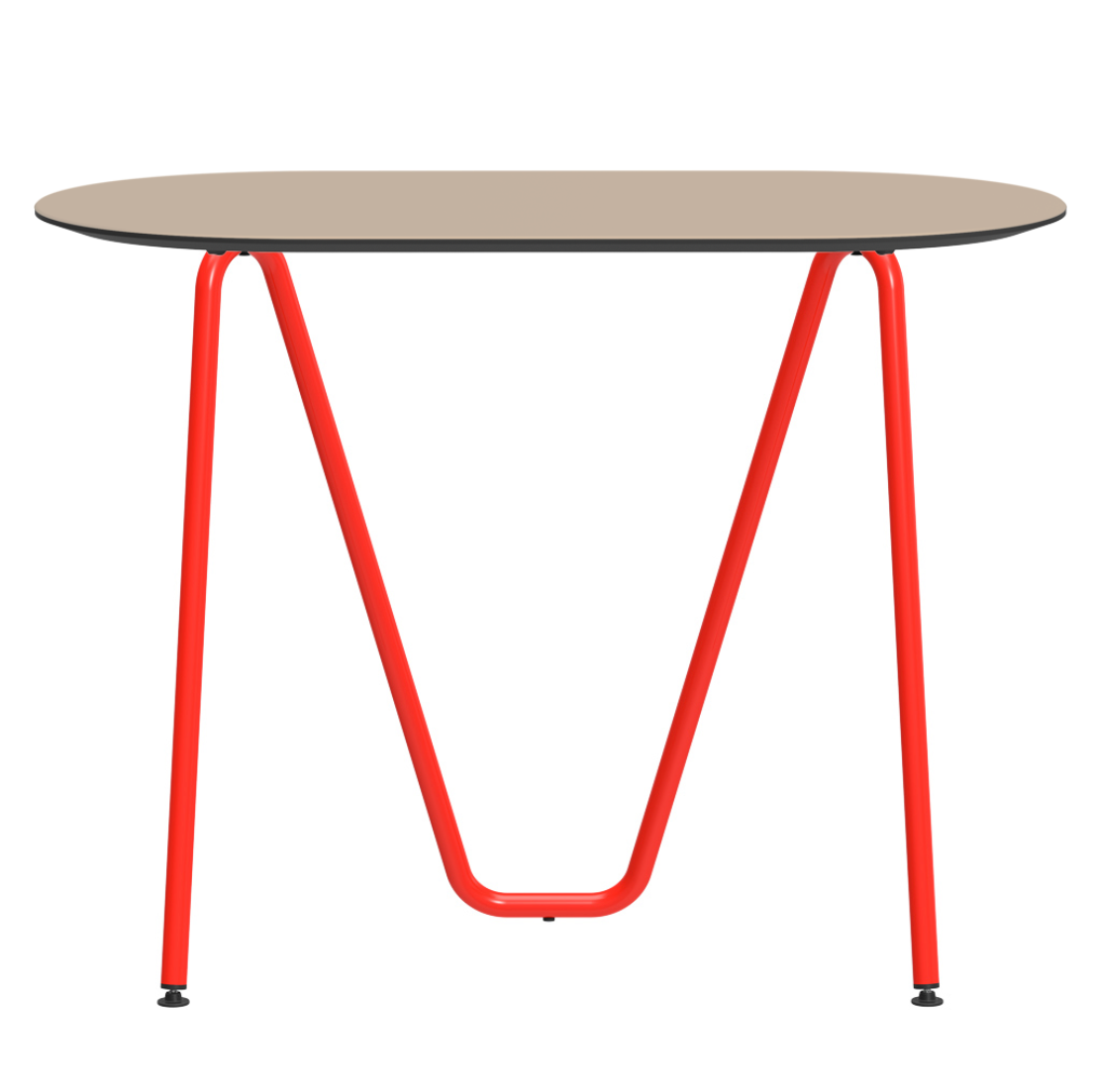 Console bureau d'appoint sur tréteaux Sinus design Daniel Lorch. Pied rouge, plateau couleur amande