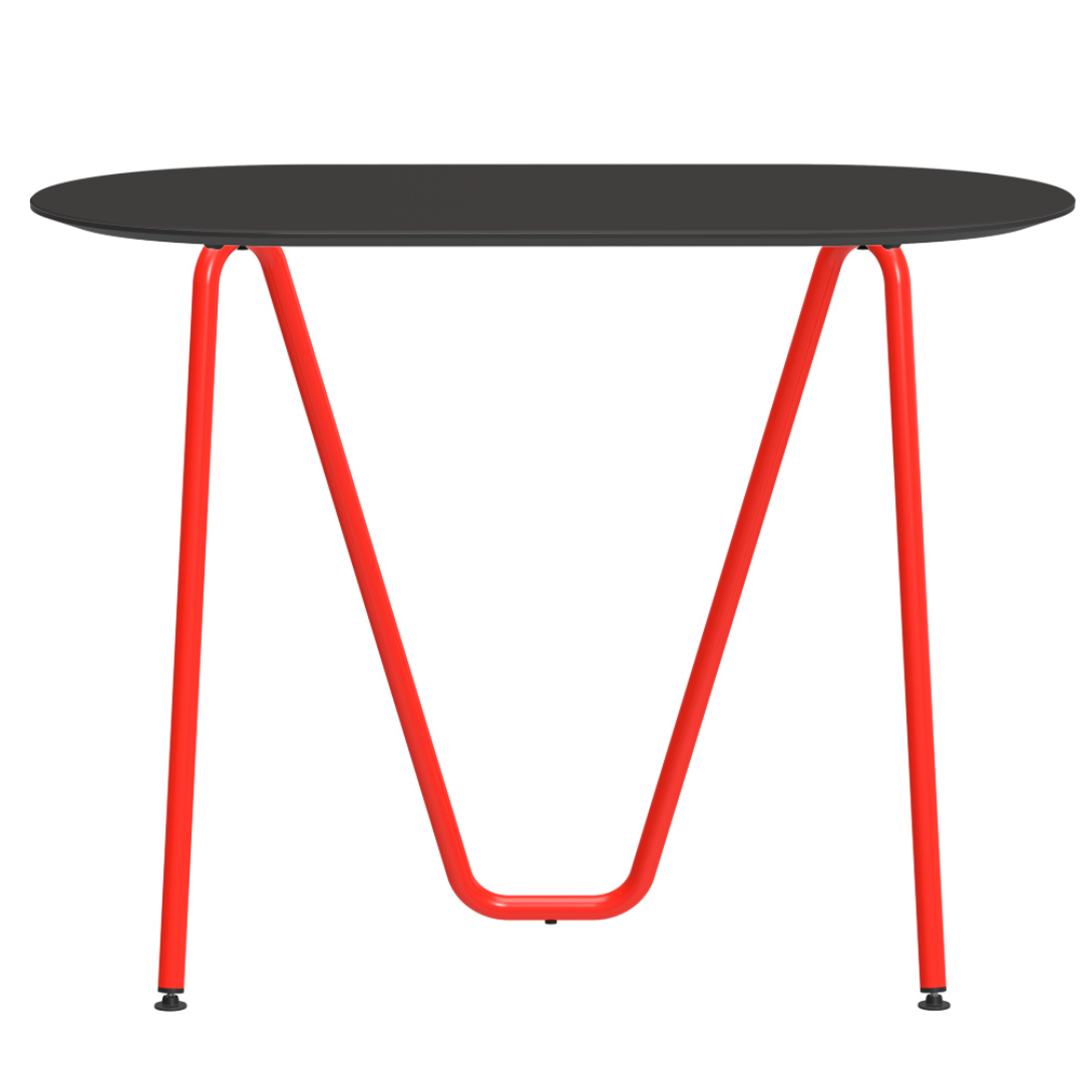 Console bureau d'appoint sur tréteaux Sinus design Daniel Lorch. Pied rouge, plateau couleur antracite