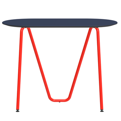 Console bureau d'appoint sur tréteaux Sinus design Daniel Lorch. Pied rouge, plateau couleur bleu cendre